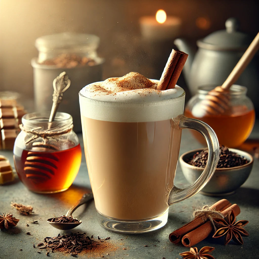 Hot beverage in a glass mug with cinnamon sticks, surrounded by honey, spices, and tea pots.