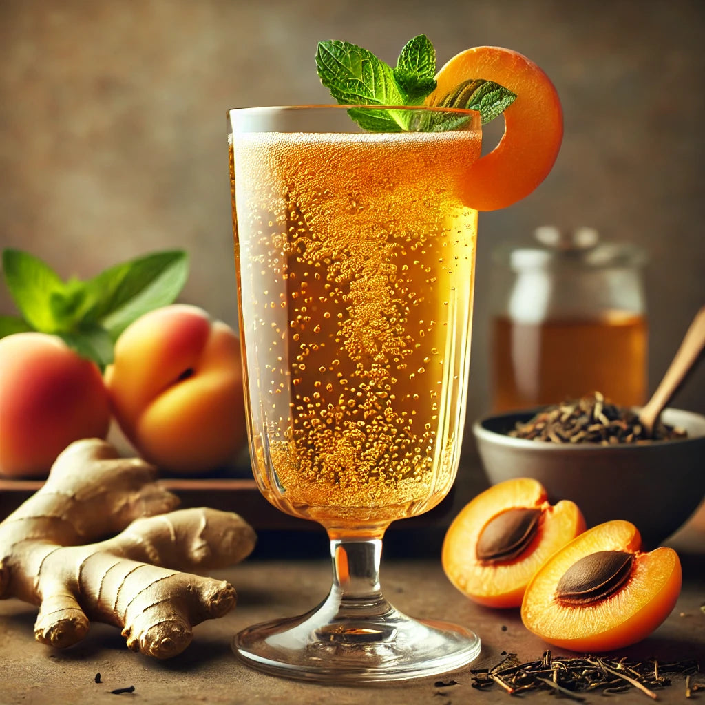 Glass of sparkling peach ginger tea with fresh peaches and ginger root on a wooden surface.