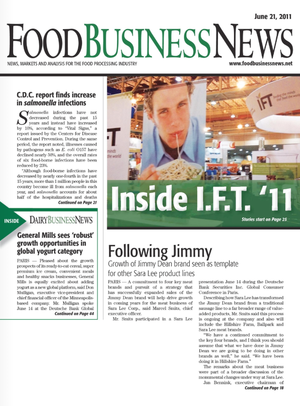 A printed magazine or newspaper-style cover titled FOOD BUSINESS NEWS, dated June 21, 2011, with multiple text articles and a large headline reading 'Inside L.F.