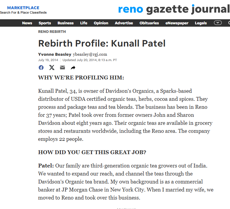 Screen shot of a news article from the Reno Gazette Journal about Kunall Patel and his business.