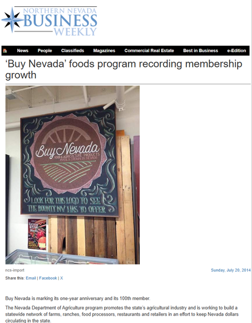 Article about 'Buy Nevada' foods program membership growth on Southern Nevada Business Weekly website.