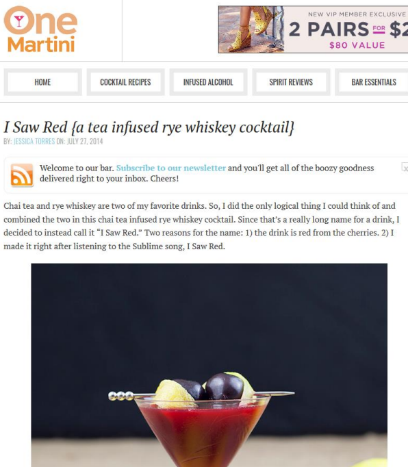 Cocktail recipe titled 'I Saw Red' with a drink image on One Martini website.