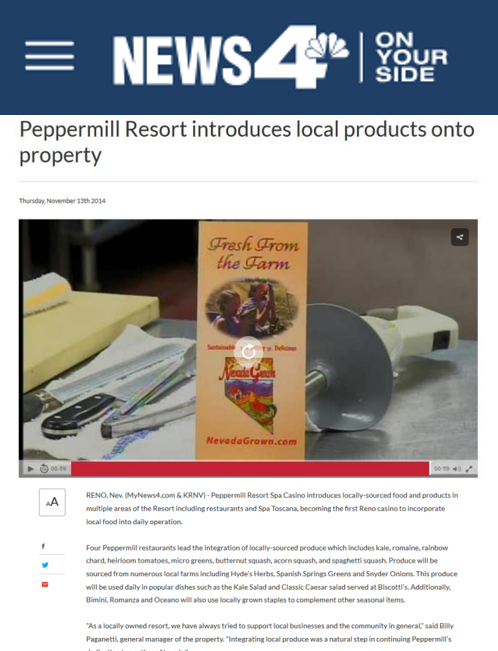 News article about Peppermill Resort introducing local products with a NevadaGrown.com product on a table.
