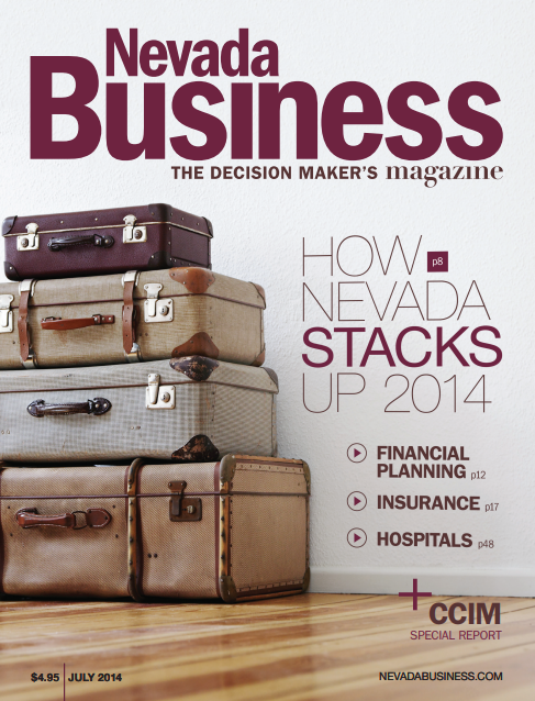 July 2014 issue cover of Nevada Business magazine, featuring a stack of vintage suitcases on a wooden floor against a white background, with the headline 'HOW NEVADA STACKS UP 2014' and article topics listed on the right.