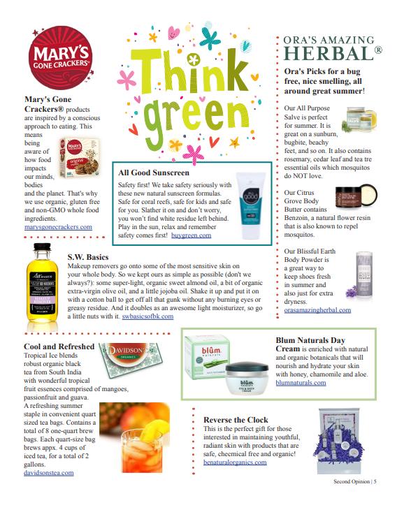 Product advertisement with various brands and their products, including Mary's Gone Crackers and Ora's Amazing Herbal.