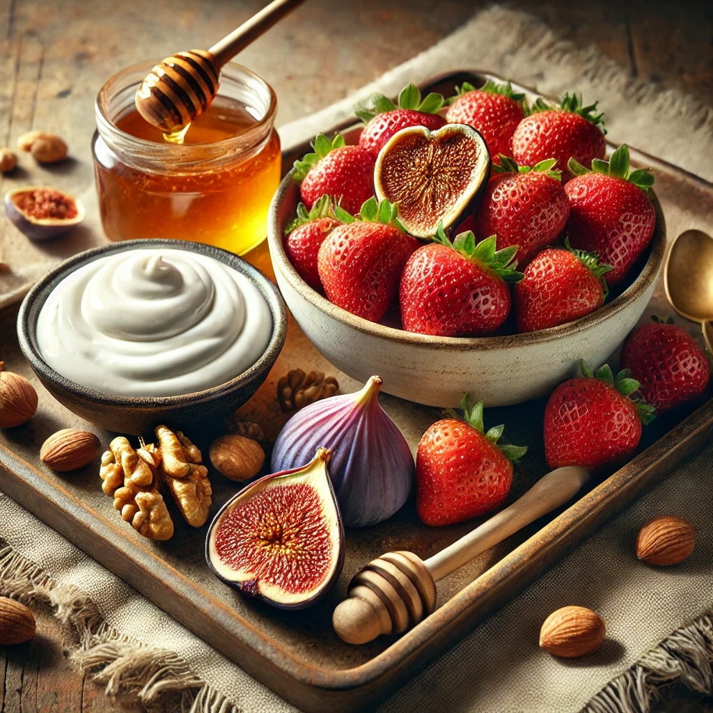 Bowl of strawberries, honey, cream, figs, and nuts on a wooden tray.