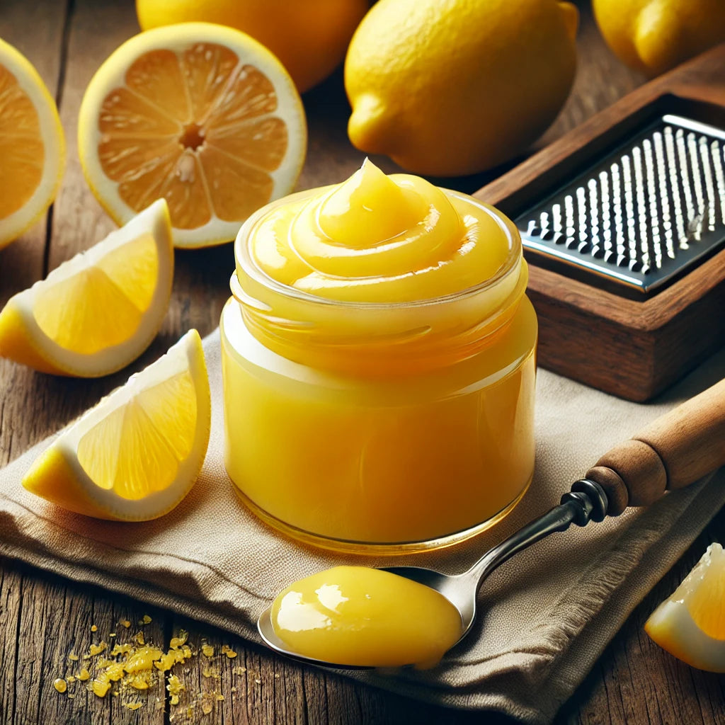 Jar of yellow cream with lemons and a grater on a wooden surface