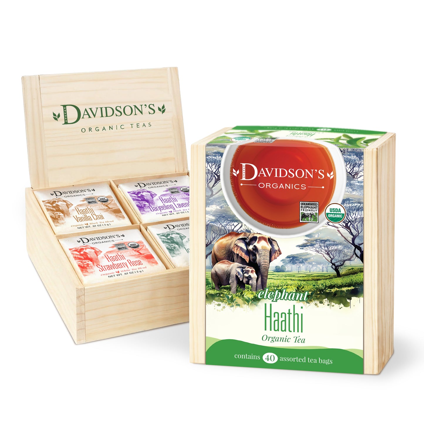 Davidson's Organic Teas packaging with wooden display and tea box featuring elephants.