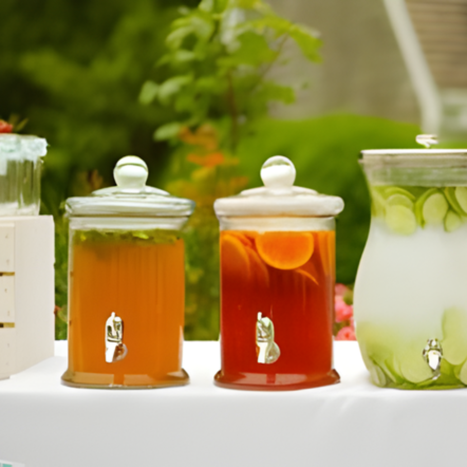 Three glass jars with lids containing different types of iced drinks on a white surface with a blurred green background.