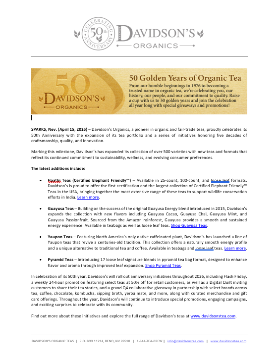 Davidson's Organics press release celebrating 50 years of organic tea with a gold banner and text.