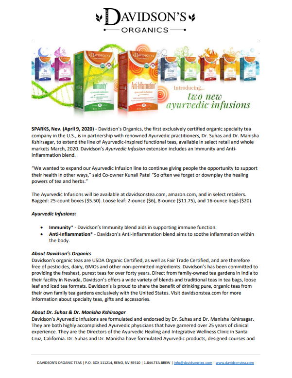 Promotional image of Davidson's Organics Ayurvedic Infusions with product packaging and text.