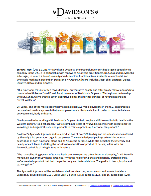 Promotional document for Davidson's Organics featuring their Ayurvedic infusions.