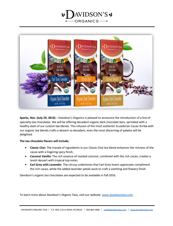 Press Release of Davidson's Organics chocolate bars with text about new product line.