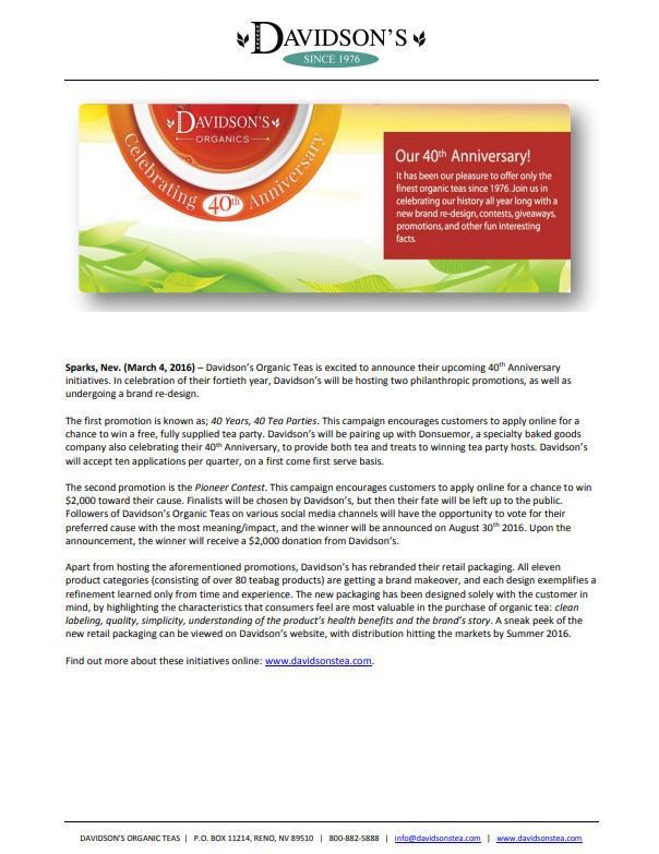 Davidson's Organic Teas 40th Anniversary promotional banner with text below.