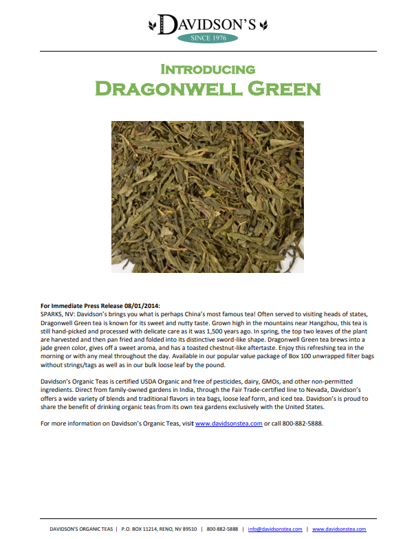Press Release for Davidson's Dragonwell Green tea with text and image of tea leaves.
