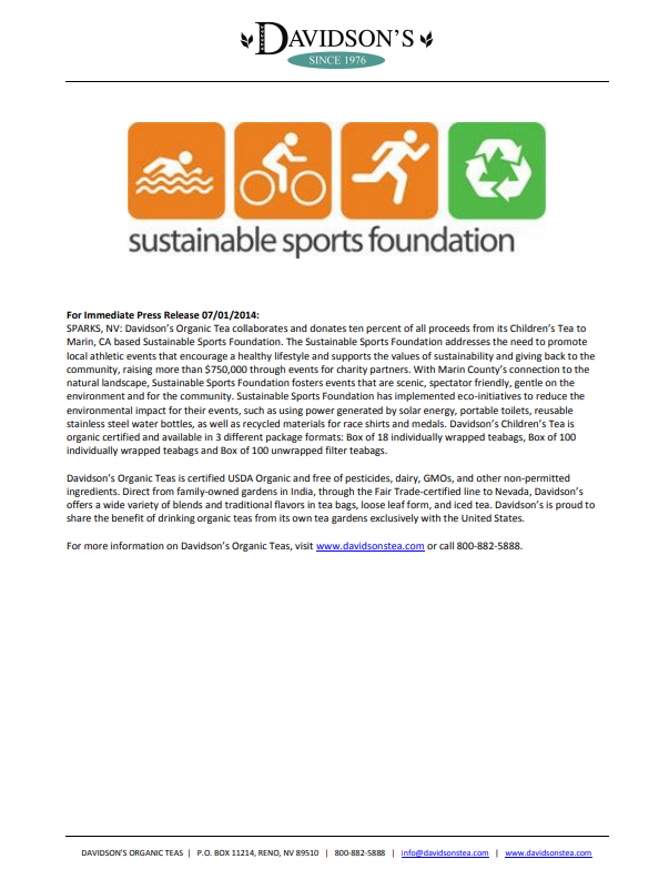 Press release from Davidson's Organic Tea about their partnership with the Sustainable Sports Foundation.