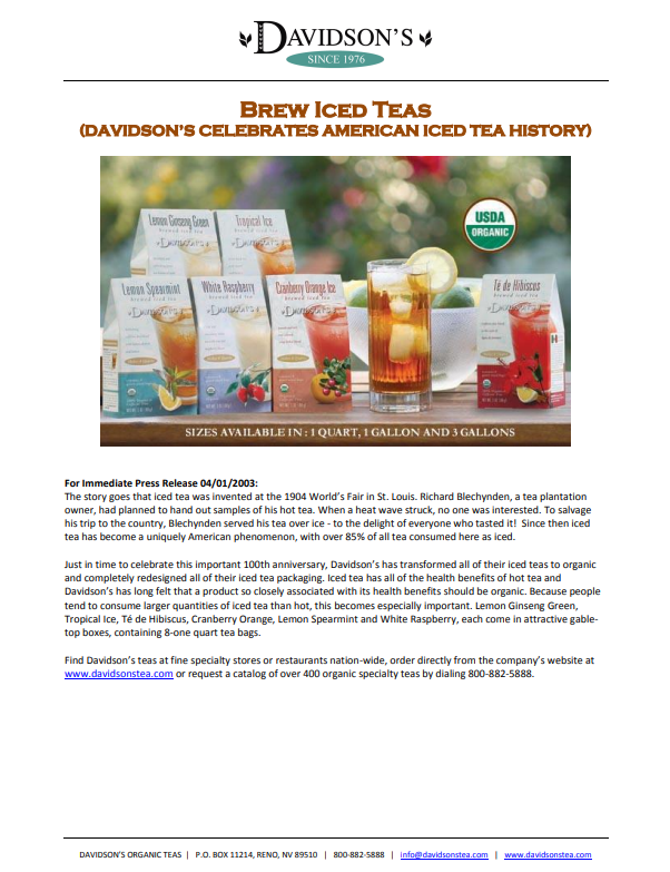 Press Release  for Davidson's iced tea packaging and products with a scenic background.