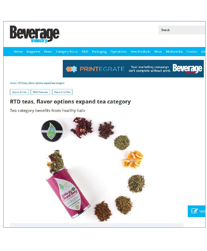 Beverage Industry magazine page with a tea product and ingredients on a white background