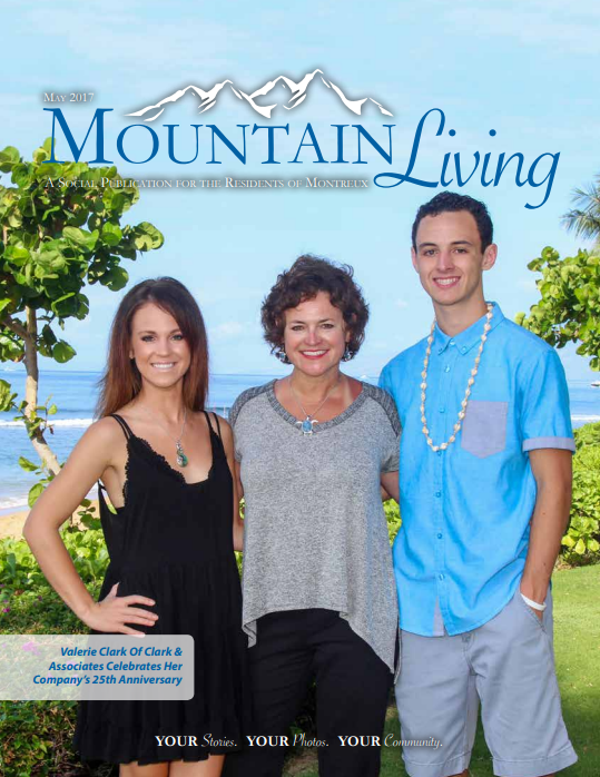 Magazine cover titled 'Mountain Living' featuring three people outdoors with a scenic background.