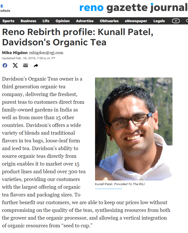Article about Davidson's Organic Tea on the Reno Gazette Journal website with a photo of Kunall Patel.