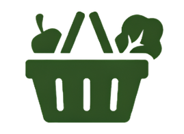 Green icon of a basket with groceries on a white background