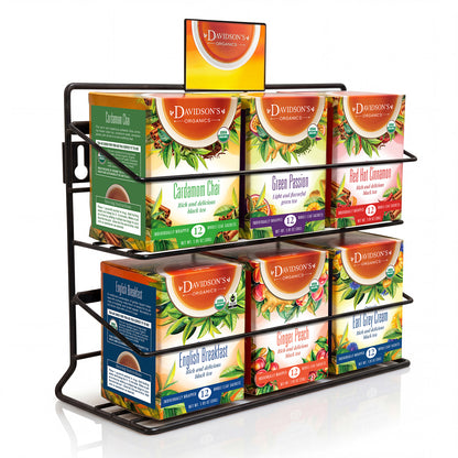Tea box display rack with various Davidson's Tea packages on a white background