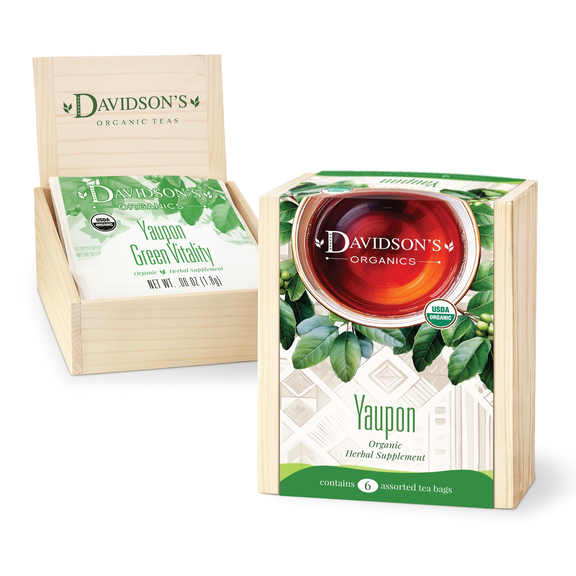 Davidson's Organics Yaupon Green Vitality tea packaging on a white background